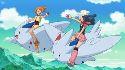  2girls absurdres anime_coloring artist_name beanie black_shirt black_socks blue_hair blue_sky boots bracelet closed_mouth clouds commentary_request cropped_jacket day flying hair_ornament hairclip hat highres hikari_(pokemon) holding holding_poke_ball in-franchise_crossover jacket jewelry kneehighs long_hair looking_at_another lukas_thadeu misty_(pokemon) multiple_girls official_style orange_hair orange_shoes outdoors outstretched_arm parody pink_boots pink_scarf pink_skirt poke_ball poke_ball_(basic) pokemon pokemon_(anime) pokemon_(creature) pokemon_dppt_(anime) pokemon_rse_(anime) poketch red_shirt riding riding_pokemon scarf shirt shoes shorts side_ponytail skirt sky sleeveless sleeveless_jacket sleeveless_shirt socks style_parody third-party_source togekiss watch watch white_hat white_socks yellow_jacket yellow_shorts 