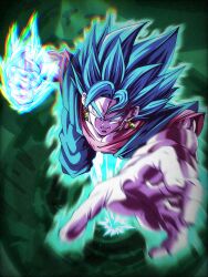  1boy aura blue_eyes blue_hair blue_pants blue_shirt blurry blurry_foreground clenched_hand closed_mouth dougi dragon_ball dragon_ball_super earrings gloves green_background highres jewelry male_focus medium_hair orange_shirt pants potara_earrings shirt smirk solo spiky_hair vegetto white_gloves yuuaroart 