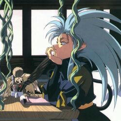  1990s_(style) 1girl cabbit earrings fake_tail green_hair head_rest indoors jewelry layered_sleeves long_hair long_sleeves non-web_source notebook official_art pen plant profile retro_artstyle ryou-ouki ryouko_(tenchi_muyou!) sitting solo spiky_hair table tail tenchi_muyou! turtleneck vines yellow_eyes 