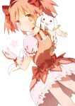  bad_id bow bubble_skirt dress dutch_angle from_behind gloves hair_bow hair_ribbon kaname_madoka kitsuta kyubey kyuubee magical_girl mahou_shoujo_madoka_magica pink_eyes pink_hair ribbon short_hair short_twintails simple_background star twintails white_background 