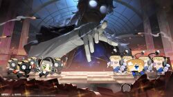  1girl 6+boys absurdres black_dress black_hat black_jacket black_pants blonde_hair blue_cape blue_eyes cape chessboard chibi chibi_inset confrontation dress facial_hair fighting gas_mask gloves green_eyes grey_hair hair_over_one_eye hat heizu_(xinyue_tongxing) highres huiying_(xinyue_tongxing) indoors jacket mask mini_person miniboy minigirl multiple_boys mustache non-web_source old old_man one_eye_covered open_mouth pants rocket upper_body white_gloves white_jacket xinyue_tongxing 