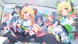  6+girls against_wall ahoge animal_ear_headphones animal_ears aqua_halo aris_(blue_archive) black_halo blue_archive blue_necktie bow cat_ear_headphones cat_ears controller fake_animal_ears fake_tail forehead game_development_department_(blue_archive) green_bow halo headphones highres holding holding_controller id_card looking_at_viewer low-tied_sidelocks mechanical_halo midori_(blue_archive) momoi_(blue_archive) multiple_girls necktie neru_(blue_archive) neru_(school_uniform)_(blue_archive) orange_halo pink_halo power_symbol purple_hair rectangular_halo red_hair sho_me_1853 siblings sidelocks sisters strap_slip tail twins two_side_up yellow_halo yuuka_(blue_archive) yuzu_(blue_archive) 