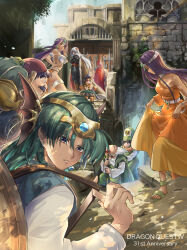  3girls 6+boys alena_(dq4) anniversary aqua_tunic armor asymmetrical_dress backpack bag balding black_pants black_shirt blue_eyes blue_hair blue_hat breasts brey cape castle circlet clift commentary_request conical_hat copyright_name crossed_arms dark-skinned_female dark_skin dragon_quest dragon_quest_iv dress earrings eyes_in_shadow facial_hair facing_away forehead_jewel gem green_gem green_hair green_hat green_robe hand_on_own_hip hand_to_own_mouth hand_up hands_on_own_chin hat head_on_hands head_rest hero_(dq4) highres holding holding_staff jewelry juliet_sleeves lipstick loincloth long_dress long_hair long_sleeves looking_at_viewer mage_staff makeup makuramuika manya_(dq4) medium_breasts medium_hair metal_belt metal_bikini metal_bra metal_bracelet minea_(dq4) mitre multiple_boys multiple_girls mustache old old_man open_mouth orange_dress orange_hair orange_loincloth outdoors pants pelvic_curtain pink_armor pisaro puffy_sleeves purple_hair red_cape red_lips robe ryan_(dq4) sandals shield shield_on_back shirt short_hair shoulder_spikes silver_circlet single_bare_shoulder single_sleeve sitting sitting_on_stairs skirt_hold solo_focus sphere_earrings spikes staff stairs torneko tunic white_hair white_sleeves winged_headwear yellow_dress 