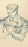  1boy cap cigarette hahihu1782 hat jojo_no_kimyou_na_bouken kuujou_joutarou military military_hat military_uniform monochrome solo traditional_media uniform 