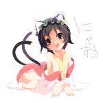  animal_ears bare_shoulders brown_eyes cat_ears cat_tail chen dress fangs hat multiple_tails open_clothes open_mouth red_dress sora_to_umi tail touhou translation_request 