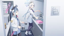  2girls ahoge ankle_boots antenna_hair badge bag baton_(weapon) belt belt_bag black_pantyhose blue_archive blue_eyes blue_hair blue_halo blue_hat blue_necktie blue_skirt blue_vest boots bow braid buttons cabinet calendar_(object) coffee_mug coffee_pot collared_jacket commentary cuffs cup dress eyelashes eyes_visible_through_hair faucet from_side fubuki_(blue_archive) grey_dress hair_bow hair_ornament hairclip halo handcuffs hat highres holding holding_coffee_pot holding_cup indoors jacket kirino_(blue_archive) long_hair long_sleeves looking_at_another microwave mikan_battery mug multicolored_hair multiple_girls necktie open_clothes open_jacket open_mouth pantyhose pastry_box pencil_skirt pink_eyes pink_halo police police_hat police_uniform policewoman pouring shirt short_sleeves sign sink skirt smile sponge standing streaked_hair twin_braids twintails two-tone_hair vest walkie-talkie weapon white_bag white_belt white_boots white_bow white_hair white_jacket white_shirt 