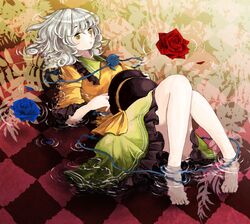  bare_legs barefoot blue_rose checkered checkered_floor curly_hair eyeball feet flower green_eyes hat hat_removed headwear_removed holding holding_hat komeiji_koishi lying on_back petals red_rose rose rose_petals short_hair silver_hair solo third_eye tiles touhou uram water 