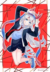  1girl animal_ears arms_up black_jacket black_skirt blue_eyes blue_hairband blue_shirt blue_shoes border buttons commentary_request double-parted_bangs dress_shirt drop_shadow ear_covers food full_body grey_hair grin hairband headband highres holding holding_food holding_pocky hood hoodie horse_ears horse_girl horse_tail jacket jumping kadokura_(sushiu_max) layered_clothes long_hair long_sleeves looking_at_viewer multicolored_hairband necktie open_clothes open_hoodie open_jacket outline outside_border pleated_skirt pocky red_background red_hairband red_headband red_necktie shirt shirt_tucked_in shoelaces shoes sidelocks skirt smile sneakers socks solo striped_clothes striped_hairband tail tamamo_cross_(umamusume) teeth twitter_username two-tone_background two-tone_hairband umamusume v-shaped_eyebrows very_long_hair white_border white_hoodie white_outline 