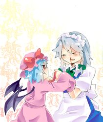  bat_wings blood blue_hair izayoi_sakuya nosebleed oroshisenbei red_eyes remilia_scarlet silver_hair touhou wings young 