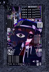  1girl ? abstract abstract_background black_capelet black_eyes black_hat border bow broken_glass broken_screen brown_hair capelet censored censored_identity collared_shirt commentary_request covered_eyes covered_mouth disembodied_eye dissolving english_text fedora four-pointed_star glass glitch glitch_censor hair_bow hat hat_bow help_(phrase) highres medium_hair melting moon necktie neptune_(planet) qr_code red_bow red_necktie saturn_(planet) shirt sleepwalk_zzz solo star_(symbol) touhou twitter_username upper_body usami_renko weirdcore white_shirt x_(symbol) 