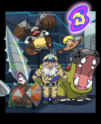  beard black_border blue_boots boots border brown_helmet brown_jacket brown_pants buck_teeth building closed_mouth commentary_request daisuke_umiushi dark-skinned_male dark_skin diggersby excadrill facial_hair full_body game_screenshot_background glowing grey_eyes hands_on_own_hips helmet hippowdon hippowdon_(male) jacket mega_excadrill mega_pokemon mega_stone midair mustache old old_man one_eye_closed open_mouth outdoors pants pokemon pokemon_(creature) pokemon_legends:_z-a pokemon_team scaffolding screenshot_background standing straight-on stunfisk tarragon_(pokemon) teeth torn_clothes torn_pants white_hair 