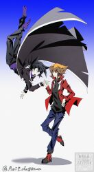  2boys absurdres aoiedogawa black_coat black_hair black_pants black_shirt blue_background blue_pants brown_eyes brown_hair coat commentary english_commentary highres jacket male_focus manjoume_jun medium_hair midair multiple_boys pants purple_shirt red_jacket shirt short_hair simple_background standing standing_on_one_leg twitter_username watermark yu-gi-oh! yu-gi-oh!_gx yuki_judai 