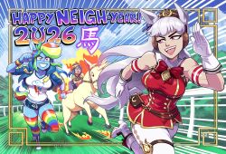  2026 animal_ears blue_skin bow brown_hat chinese_zodiac colored_skin cropped_hoodie crossover ear_bow fiery_hair gold_ship_(red_strife)_(umamusume) gold_ship_(umamusume) happy_new_year hat highres hood hoodie horns horse_ears horse_girl horse_tail mike_luckas multicolored_hair multicolored_thighhighs multiple_crossover my_little_pony my_little_pony:_equestria_girls my_little_pony:_friendship_is_magic open_clothes open_hoodie pillbox_hat pokemon pokemon_(creature) racing rainbow_dash rainbow_dash_(equestria_girls) rapidash running single_horn species_connection tail trait_connection umamusume white_hair year_of_the_horse 