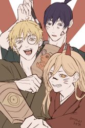  1girl 2boys alternate_costume azm_e3 black_hair blonde_hair blue_eyes chainsaw_man closed_mouth commentary_request cross-shaped_pupils demon_horns denji_(chainsaw_man) drawing_on_another's_face hayakawa_aki highres holding holding_brush horns japanese_clothes long_hair looking_at_another looking_at_viewer multiple_boys open_mouth orange_eyes paddle pochita_(chainsaw_man) power_(chainsaw_man) red_horns sharp_teeth short_hair smile symbol-shaped_pupils teeth topknot translation_request twitter_username yellow_eyes 