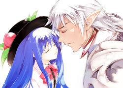  1boy 1girl armor blue_hair buront closed_eyes commentary_request couple crossover elf elvaan face-to-face final_fantasy final_fantasy_xi food fruit hat hetero hinanawi_tenshi long_hair m.u.g.e.n peach pointy_ears smile sumi_keiichi the_legend_of_gluttony touhou upper_body white_hair 