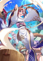  5girls absurdres animal_ears aqua_kimono black_hair black_kimono blue_eyes blue_kimono blue_sky blush bow brown_hair commentary_request covering_own_mouth food hair_between_eyes hair_bow hand_over_own_mouth highres holding holding_mallet horse_ears horse_girl horse_tail iam_(tetsu0ekaki) japanese_clothes kimono kine kitasan_black_(umamusume) lantern long_hair long_sleeves mallet mejiro_mcqueen_(umamusume) mochi mochitsuki mortar_(bowl) multicolored_hair multiple_girls obi open_mouth outdoors paper_lantern pink_kimono print_kimono purple_bow purple_hair sash short_hair sky streaked_hair tail tokai_teio_(umamusume) two-tone_hair umamusume violet_eyes white_hair white_kimono 