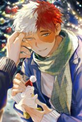  2boys alternate_costume blue_eyes blurry blurry_background boku_no_hero_academia burn_scar christmas_tree grey_eyes heterochromia highres holding holding_toy joikzo long_sleeves looking_at_viewer male_focus mismatched_eyebrows multicolored_hair multiple_boys pov pov_hands red_hair scar scar_on_face scarf short_hair smile solo_focus split-color_hair teeth todoroki_shoto toy two-tone_hair watermark white_hair 