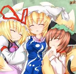  animal_ears biting blonde_hair breast_grab breasts brown_hair cat_ears cat_tail chen closed_eyes earrings eyes_closed hat jewelry kazami_karasu multiple_girls short_hair sleeping surcoat tabard tail tail_biting touhou when_you_see_it yakumo_ran yakumo_yukari 