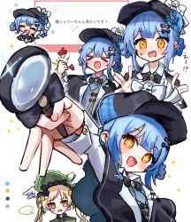  >_< +_+ 2girls :d apple black_capelet black_hat blonde_hair blue_hair braid braided_hair_rings capelet chibi closed_eyes collared_shirt commentary_request deerstalker detective food fruit hair_rings hat holding holding_magnifying_glass long_hair long_sleeves looking_at_another looking_at_viewer magnifying_glass mahou_shoujo_no_majo_saiban multiple_expressions multiple_girls multiple_views open_mouth request_inset ro/ku shirt short_hair smile sparkle surprised sweatdrop tachibana_sherry tono_hanna translation_request twintails upper_body white_background white_shirt xd yellow_eyes 