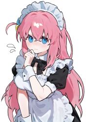  1girl absurdres apron black_dress blue_eyes bocchi_the_rock! closed_mouth dress gotoh_hitori hair_ornament haru_(ririne9999rine) highres long_hair maid maid_headdress pink_hair simple_background solo white_apron white_background white_wrist_cuffs wrist_cuffs 