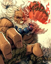  1boy abs absurdres akuma_(street_fighter) arms_up bead_necklace beads beard belt black_sclera clenched_hand clenched_teeth colored_sclera commentary english_commentary facial_hair fingernails fire full_beard heyjay highres jewelry male_focus muscular muscular_male necklace ponytail punching red_eyes rope_belt solo street_fighter street_fighter_6 teeth topless_male white_hair 