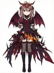  1girl ahoge black_boots black_choker black_dress black_gloves black_ribbon boots bow bow_legwear bowtie broken_heart broken_heart_hair_ornament brown_hair center_frills choker closed_mouth collarbone crinoline crown double-parted_bangs dragon_girl dragon_wings dress durandal172210 evil_neuro-sama fishnet_gloves fishnet_thighhighs fishnets footwear_bow frilled_sleeves frilled_thighhighs frills frown full_body glove_bow gloves hair_between_eyes hair_ribbon heart highres light_blush overskirt puffy_short_sleeves puffy_sleeves red_bow red_bowtie red_eyes ribbon short_sleeves simple_background skirt solo spiked spiked_gloves standing tachi-e thigh-highs torn_clothes torn_skirt torn_wings two_side_up vedal_ai white_background wings 