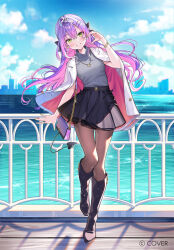  1girl :d bag black_boots black_pantyhose black_skirt blue_sky boots bracelet colored_inner_hair commentary_request copyright_name day demon_girl demon_tail double-parted_bangs earrings full_body gradient_hair green_eyes green_nails grey_sweater grin hair_between_eyes hair_ornament hairclip half-heart_hands hand_up handbag highres hololive jacket jacket_on_shoulders jewelry knee_boots lapels long_hair looking_at_viewer miniskirt multicolored_hair nail_polish necklace notched_lapels official_art okuma_mai outdoors pantyhose parallel_hairclips piercing pink_hair pink_nails pointy_ears purple_hair ring skirt sky smile solo standing sweater sweater_tucked_in tail tail_ornament tail_piercing tokoyami_towa turtleneck turtleneck_sweater virtual_youtuber white_jacket 