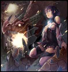  blue_eyes dragon energy energy_ball fantasy hand_on_chest hand_on_own_chest hand_to_chest headset highres nigoro open_mouth original purple_hair rock short_hair solo squatting thigh-highs thighhighs zettai_ryouiki 