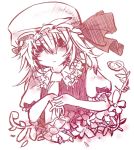  ascot blush flandre_scarlet flower hat inazumrai monochrome short_hair short_sleeves solo the_embodiment_of_scarlet_devil touhou 