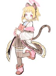  1girl :3 animal_ear_headphones animal_ears blonde_hair blue_archive bow cat_ear_headphones cat_ears cat_tail coat commentary_request fake_animal_ears fake_tail full_body hair_bow halo headphones looking_at_viewer momoi_(blue_archive) necktie off_shoulder open_mouth own_hands_together pink_eyes pleated_skirt shinbashi_seiji short_hair skirt smile solo standing standing_on_one_leg suspenders tail thigh-highs 