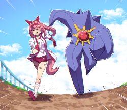 1girl 1other absurdres animal_ears bandaid bandaid_on_leg blue_sky bow buruma commentary crossover ear_bow ear_covers english_commentary fingerless_gloves full_body gem gloves haru_urara_(bestest_prize)_(umamusume) haru_urara_(umamusume) headband highres hinghoi horse_ears horse_girl horse_tail jacket long_hair mega_pokemon mega_starmie meme pokemon pokemon_(creature) pokemon_legends:_z-a ponytail red_buruma red_gem red_gloves red_headband running running_ganger_(meme) running_towards_viewer shirt sky socks starfish starmie striped_clothes striped_socks tail trait_connection umamusume white_jacket white_shirt
