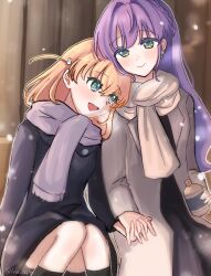  2girls black_coat blue_eyes bottle bourei_(lvle_aqhs) braid brown_coat brown_scarf cerise_bouquet coat commentary crown_braid enpera green_eyes hair_ornament hasu_no_sora_school_uniform highres hinoshita_kaho holding holding_bottle holding_hands interlocked_fingers leaning_on_person leaning_to_the_side link!_like!_love_live! love_live! medium_hair multiple_girls open_clothes open_coat orange_hair otomune_kozue otomune_kozue_(post-graduation) outdoors purple_hair purple_scarf rabbit_hair_ornament scarf school_uniform sidelocks sitting twitter_username two_side_up virtual_youtuber winter_uniform yuri 