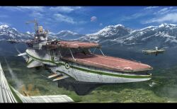  absurdres aircraft airplane airship aoi_waffle biplane blue_sky clouds commentary_request contrail fighter_jet highres military military_vehicle mountain original outdoors roundel rusty_front sky weapon 