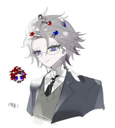  2boys alternate_costume alternate_hairstyle aotsuki_eito black_hair black_jacket black_necktie blue_eyes blush_stickers cat_hair_ornament chibi closed_mouth commentary cropped_shoulders eyelashes food-themed_hair_ornament glasses goupaifentiao grey_hair grey_sweater_vest hair_ornament hairclip jacket lapels male_focus multicolored_hair multiple_boys necktie notched_lapels rabbit_hair_ornament red_hair semi-rimless_eyewear shirt short_hair simple_background smile streaked_hair sumino_takumi sweater_vest the_hundred_line_-last_defense_academy- tomato_hair_ornament too_many_hair_ornaments translation_request two-tone_hair white_background white_shirt wing_collar 