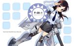  airplane brown_eyes brown_hair dutch_angle f-ck-1 girl_arms gun highres jet long_hair mecha_musume military necktie personification salute skirt solo thigh-highs thighhighs wallpaper weapon zeco 