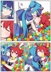  2girls ball_pit black_necktie blue_eyes blue_hair blush dress drill_hair gloves hat hatsune_miku highres kasane_teto kepi mesmerizer_(vocaloid) military_hat multiple_girls musical_note necktie pinstripe_pattern pinstripe_shirt red_eyes red_hair sato_(r017xts117) shirt smile spoken_musical_note striped_clothes striped_dress surprised suspenders twin_drills twintails visor_cap yellow_gloves 