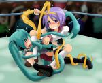  2girls aqua_eyes aqua_hair detached_sleeves hatsune_miku hiiragi_tsukasa hirondo long_hair lucky_star multiple_girls necktie purple_eyes purple_hair school_uniform serafuku short_hair tentacle_hair thigh-highs thighhighs violet_eyes vocaloid what 