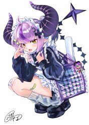  1girl absurdres apron bag black_jacket black_shoes charm_(object) commentary_request demon_girl demon_horns full_body highres holding holding_bag hololive horns jacket la+_darknesss open_mouth pointy_ears purple_hair shago_daruma shoes simple_background solo squatting tokoyami_towa tongue tongue_out virtual_youtuber w white_background yellow_eyes 