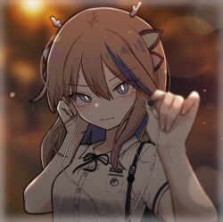  1girl airi_kanna antlers blue_eyes blurry blurry_background blush bokeh bright_pupils brown_hair commentary_request depth_of_field dragon_girl dragon_horns earphones earphones_removed holding horns incoming_earphone korean_commentary multicolored_hair neck_ribbon pov ribbon seongda shirt small_horns stellive streaked_hair upper_body virtual_youtuber white_shirt 