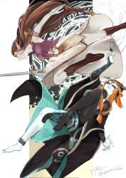  2girls black_skin blue_skin colored_sclera colored_skin eyeshadow front_ponytail grey_skin highres makeup midna midna_(true) multicolored_skin multiple_girls orange_hair pointy_ears princess_zelda purple_eyeshadow purple_lips the_legend_of_zelda the_legend_of_zelda:_twilight_princess togenasi_furiko two-tone_skin yellow_sclera 