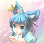  1girl alternate_hairstyle animal_ears blue_dress blue_eyes blue_hair bust cat_day cat_ears commentary dress fake_animal_ears hair_ornament hair_rings hair_stick kaku_seiga open_mouth paw_pose paw_print solo takatsukasa_yue touhou 