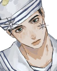  1boy black_hair dixie_cup_hat green_eyes hat head_tilt higashikata_josuke_(jojolion) highres jojo_no_kimyou_na_bouken jojolion looking_at_viewer male_focus military_hat portrait retsujoh sailor_collar short_hair solo sparkle 