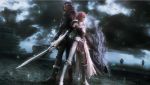  3d boots breastplate caius_ballad final_fantasy final_fantasy_xiii final_fantasy_xiii-2 greaves height_difference kaias legs lightning_farron long_hair pink_hair purple_hair screencap shield size_difference sword thighs weapon 