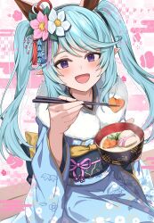  1girl 2026 :d absurdres aqua_hair aqua_kimono commentary_request elf english_text epsilon_(kagejitsu) flower food fur_trim hair_flower hair_ornament happy_new_year highres japanese_clothes kage_no_jitsuryokusha_ni_naritakute! kage_no_jitsuryokusha_ni_naritakute!_master_of_garden kimono long_hair looking_at_viewer matsumoto_yuu open_mouth pointy_ears smile solo violet_eyes 