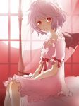  bat_wings bed kairu_(kimgyul) lavender_hair lips no_hat no_headwear red_eyes remilia_scarlet short_hair sitting solo touhou wings 