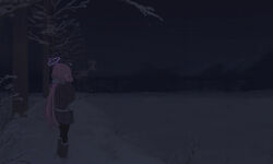  1girl ahoge alternate_costume black_pantyhose blue_archive boots breath bridge brown_skirt brown_sweater closed_eyes cold commentary_request dark enpera field fur-trimmed_boots fur_trim grey_scarf halo hashtag-only_commentary highres hoshino_(blue_archive) jaeb_(kkrt0302) long_hair mittens mountainous_horizon night open_mouth outdoors pantyhose pink_hair pink_halo pink_mittens plaid_clothes plaid_skirt ring_of_light_(blue_archive) scarf skirt snow solo star_(sky) sweater tree very_long_hair wide_shot winter 