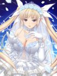  blonde_hair breasts bridal_veil bride choker cleavage dress earrings elbow_gloves flower gloves hair_ribbon highres jewelry large_breasts long_hair mistral_(shining_hearts) necklace open_mouth petals pointy_ears purple_eyes ribbon shining_(series) shining_hearts solo tiara twintails veil very_long_hair violet_eyes wedding_dress wedding_veil yoshimura_kentaro 