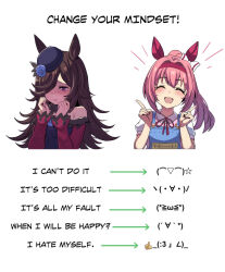  2channel 2girls absurdres animal_ears bare_shoulders blue_flower blue_overalls blue_rose blush bow breasts brown_hair change_your_mindset_(meme) closed_eyes closed_mouth collared_shirt commentary depressed dress ear_bow ear_covers emoticon english_text fascinator flipped_hair flower hair_over_one_eye hairband happy haru_urara_(casual)_(umamusume) haru_urara_(umamusume) hat hat_flower headband highres hinghoi horse_ears horse_girl jisakujien kaomoji long_hair long_sleeves meme multiple_girls off-shoulder_dress off_shoulder open_mouth overalls pink_hair pink_headband pink_ribbon pink_shirt ponytail purple_dress red_headband ribbon rice_shower_(rosy_dreams)_(umamusume) rice_shower_(umamusume) rose shaded_face shirt smile star_(symbol) suspenders tilted_headwear umamusume upper_body violet_eyes white_shirt 