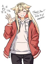  1girl alternate_costume anchor_earrings barbell_piercing black_pants commentary_request dated ear_piercing earrings grin hair_flaps hand_in_pocket hood hooded_sweater industrial_piercing jacket jewelry kantai_collection long_hair multiple_piercings pants piercing red_jacket samusara signature simple_background smile solo sweater thank_you waving white_background white_sweater yuudachi_(kancolle) yuudachi_kai_ni_(kancolle) 