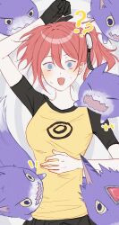  1girl ? ?? aiba_ami bad_id bad_twitter_id black_shirt breasts cowboy_shot digimon digimon_story:_cyber_sleuth dodomon dorimon dorumon evolutionary_line highres moseub126008 red_hair ringed_eyes shirt solo_focus two-tone_shirt yellow_shirt 